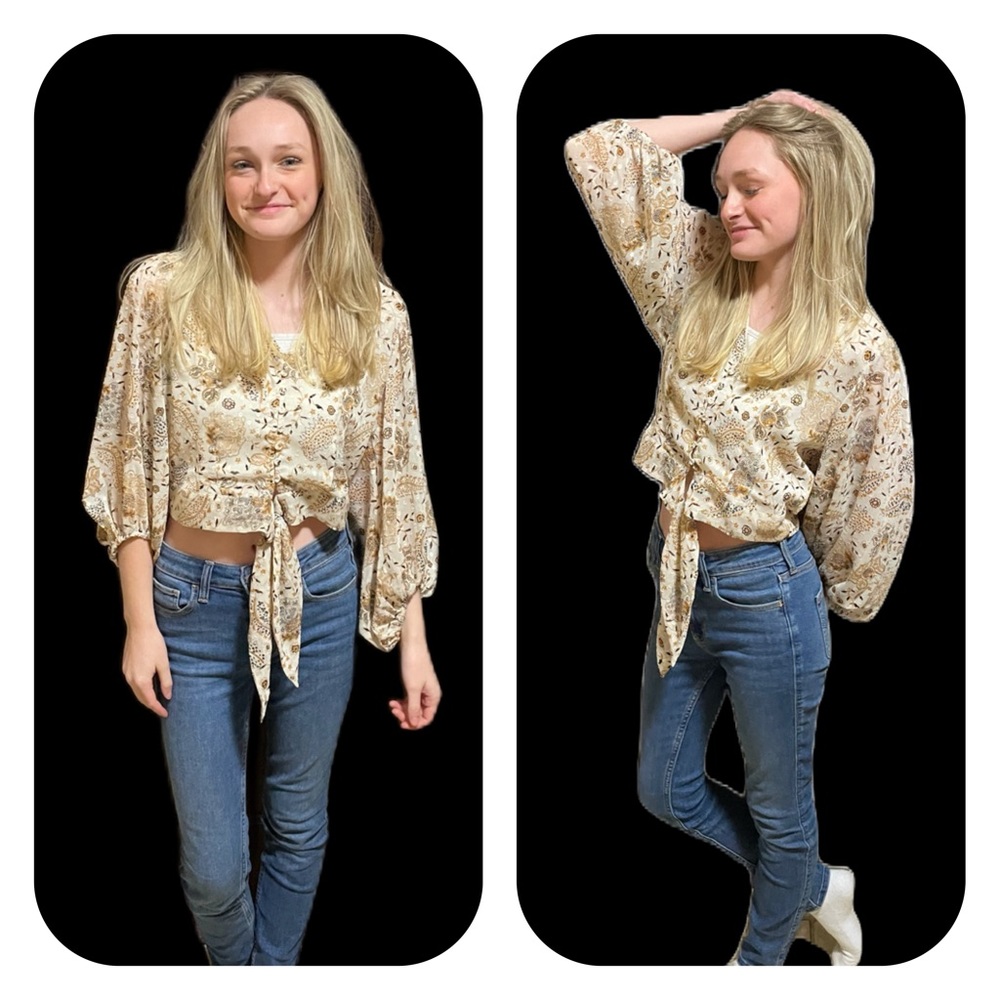 JOIE Womens Multicolor Romantic Floral Balloon Sleeve Blouse S Crop Boho Prairie